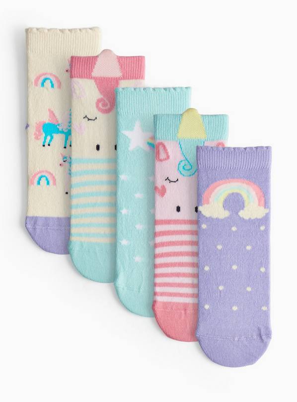 Unicorn & Rainbow Print Ankle Socks 5 Pack 9-12